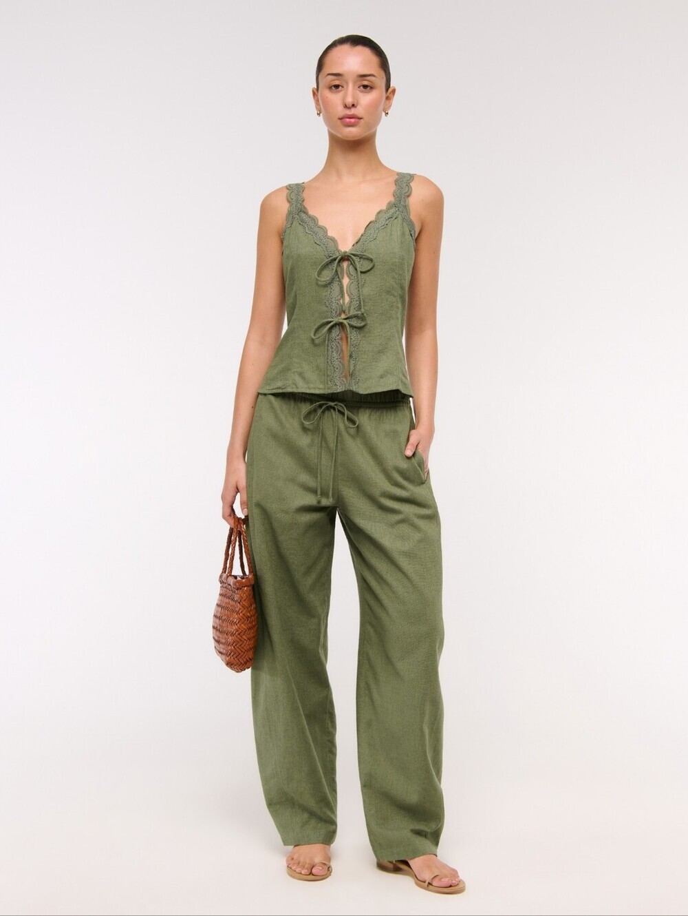 Abercrombie & Fitch Lace-Trim Tie Front Linen Blend Peplum Cami Top Green - Picture 12 of 12